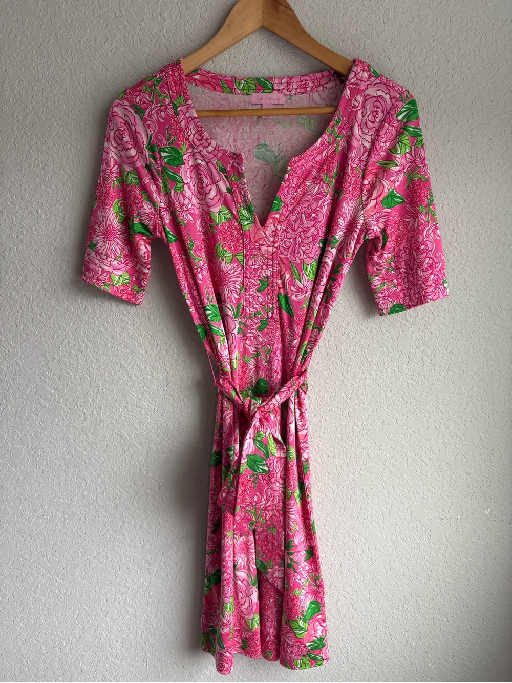 Lilly Pulitzer Daiquiri Pink Green Floral Silk Tie Waist Dress Size 4